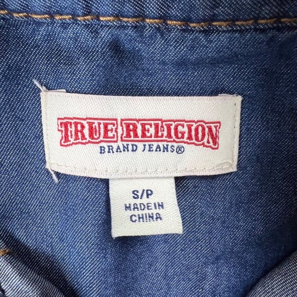 True Religion Chambray Shirt Utility Dress Sleeveless Tie Waist Dark Wash Sz Sm - Picture 7 of 11